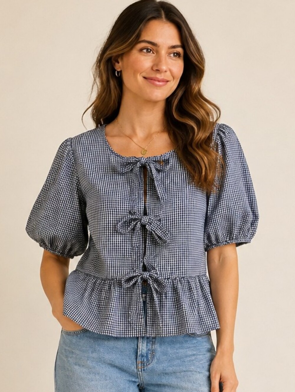 NWT Wishing Waves Blue White Gingham Puff Sleeve Tie Front Blouse Size Medium
